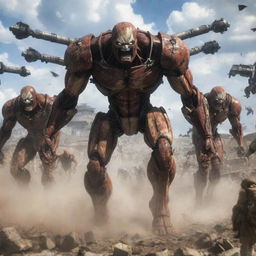 A vivid, action-packed scene from the anime 'Attack on Titans', showcasing Titans, soldiers equipped with omnidirectional mobility gear, and landmarks from the series.