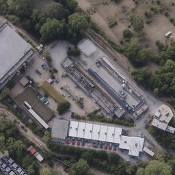 An aerial view of a strategically located SWAT premises, featuring various buildings, training facilities, vehicle depots, and surrounded by high security measures.