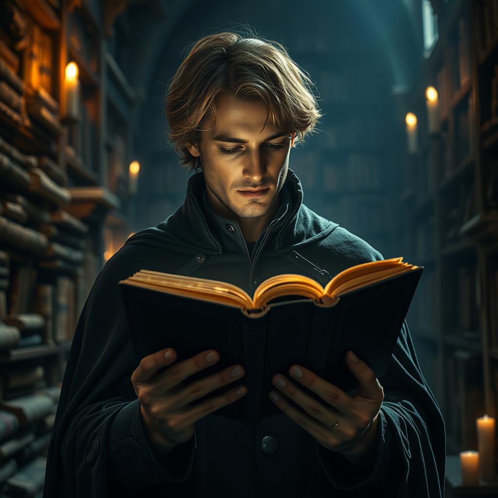 A captivating image of a mysterious man holding a book in his hands, completely absorbed in his reading