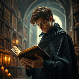 A captivating image of a mysterious man holding a book in his hands, completely absorbed in his reading