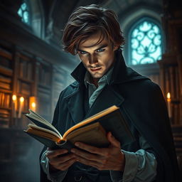 A captivating image of a mysterious man holding a book in his hands, completely absorbed in his reading