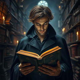 A captivating image of a mysterious man holding a book in his hands, completely absorbed in his reading