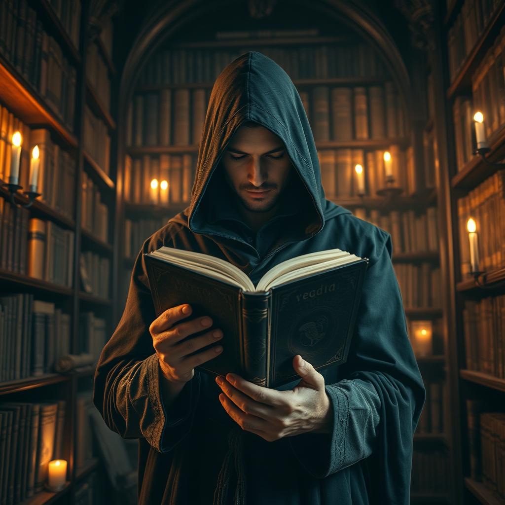 A captivating image of a mysterious man holding a book in his hands, completely immersed in its pages