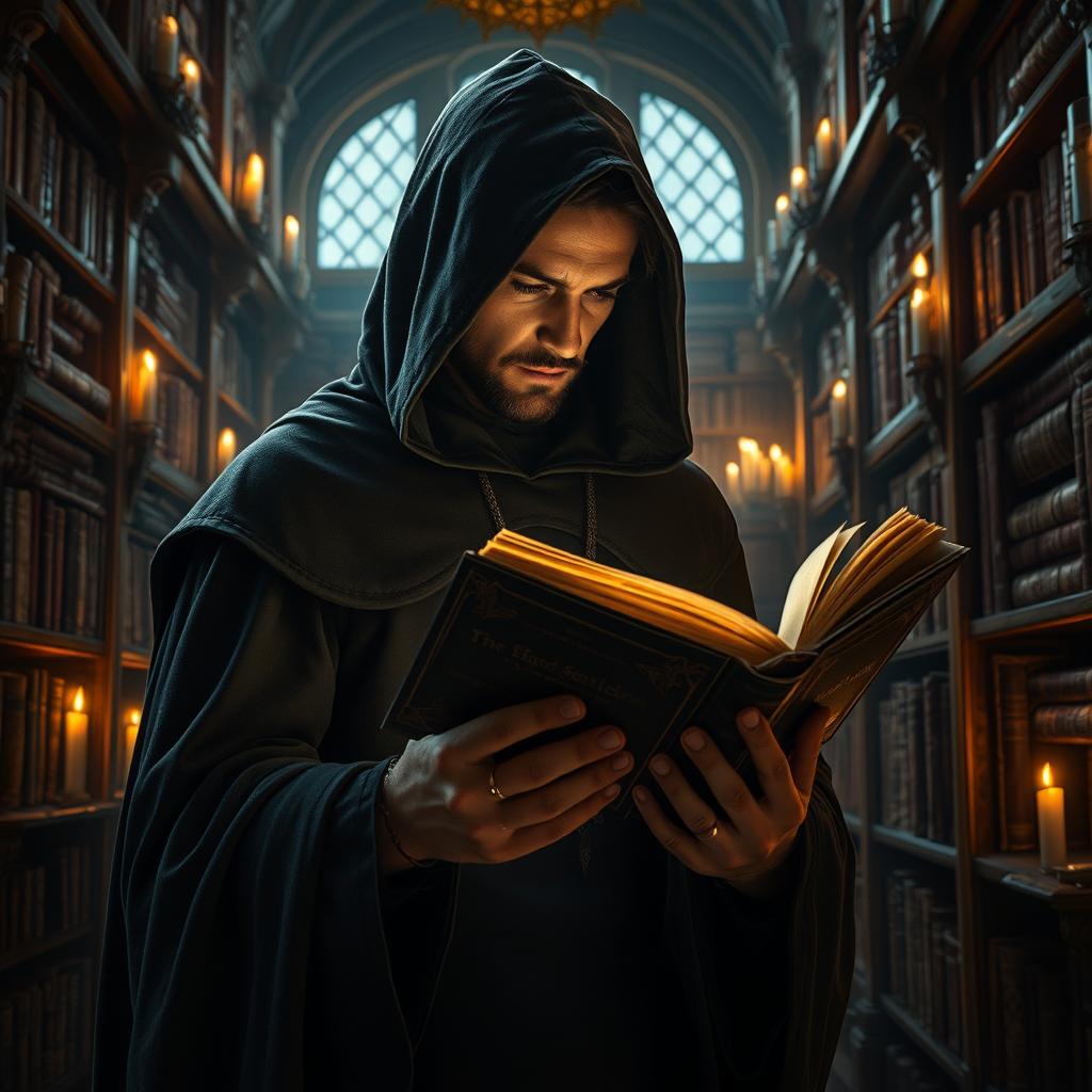 A captivating image of a mysterious man holding a book in his hands, completely immersed in its pages