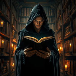 A captivating image of a mysterious man holding a book in his hands, completely immersed in its pages