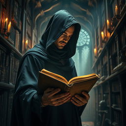 A captivating image of a mysterious man holding a book in his hands, completely immersed in its pages