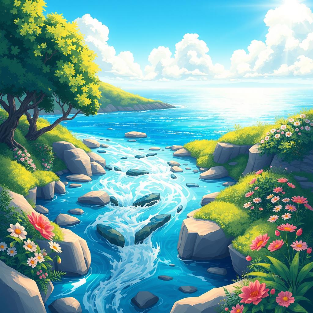 A bright and cheerful anime-style illustration depicting rivers and the sea during the daytime