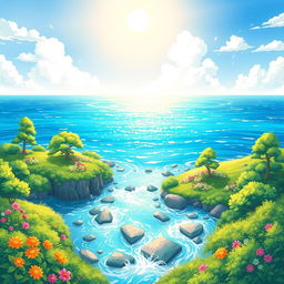 A bright and cheerful anime-style illustration depicting rivers and the sea during the daytime