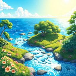 A bright and cheerful anime-style illustration depicting rivers and the sea during the daytime