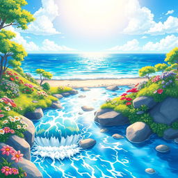 A bright and cheerful anime-style illustration depicting rivers and the sea during the daytime