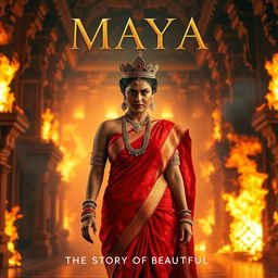 A stunning Indian queen, draped in a beautiful red saree and adorned with full traditional jewelry, wearing a majestic crown, walking confidently with fierce anger in a grand hall of a palace engulfed in flames