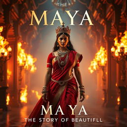 A stunning Indian queen, draped in a beautiful red saree and adorned with full traditional jewelry, wearing a majestic crown, walking confidently with fierce anger in a grand hall of a palace engulfed in flames