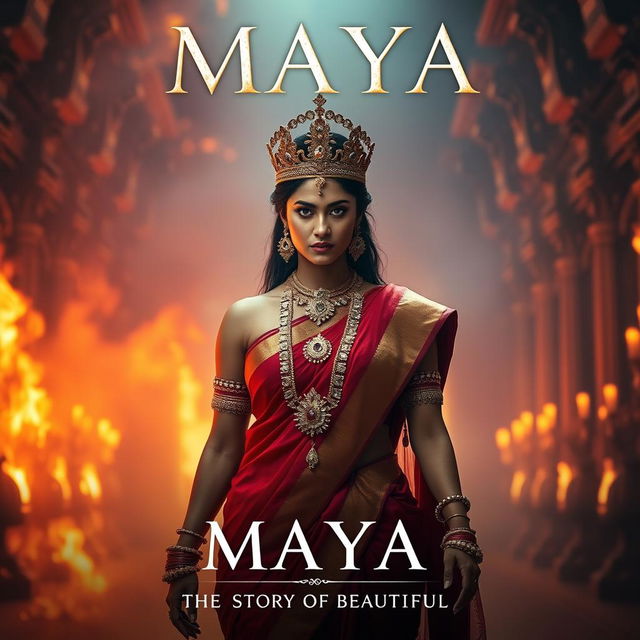 A stunning Indian queen, draped in a beautiful red saree and adorned with full traditional jewelry, wearing a majestic crown, walking confidently with fierce anger in a grand hall of a palace engulfed in flames
