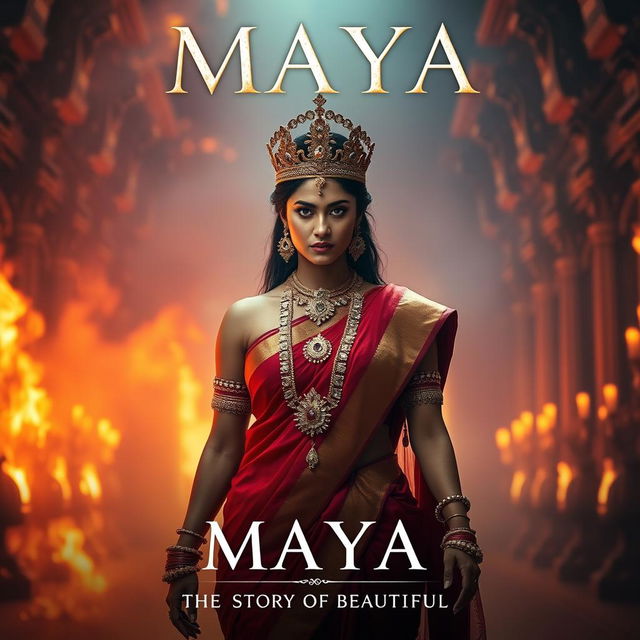 A stunning Indian queen, draped in a beautiful red saree and adorned with full traditional jewelry, wearing a majestic crown, walking confidently with fierce anger in a grand hall of a palace engulfed in flames