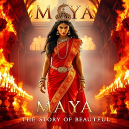 A stunning Indian queen, draped in a beautiful red saree and adorned with full traditional jewelry, wearing a majestic crown, walking confidently with fierce anger in a grand hall of a palace engulfed in flames