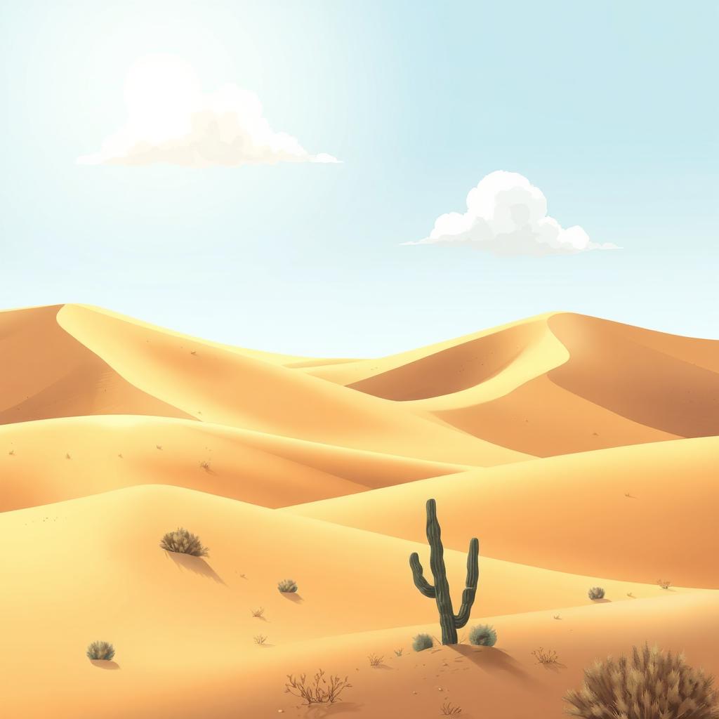 A captivating anime-style illustration of a desert landscape featuring rolling sand dunes under a bright daytime sky