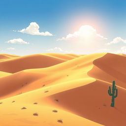 A captivating anime-style illustration of a desert landscape featuring rolling sand dunes under a bright daytime sky