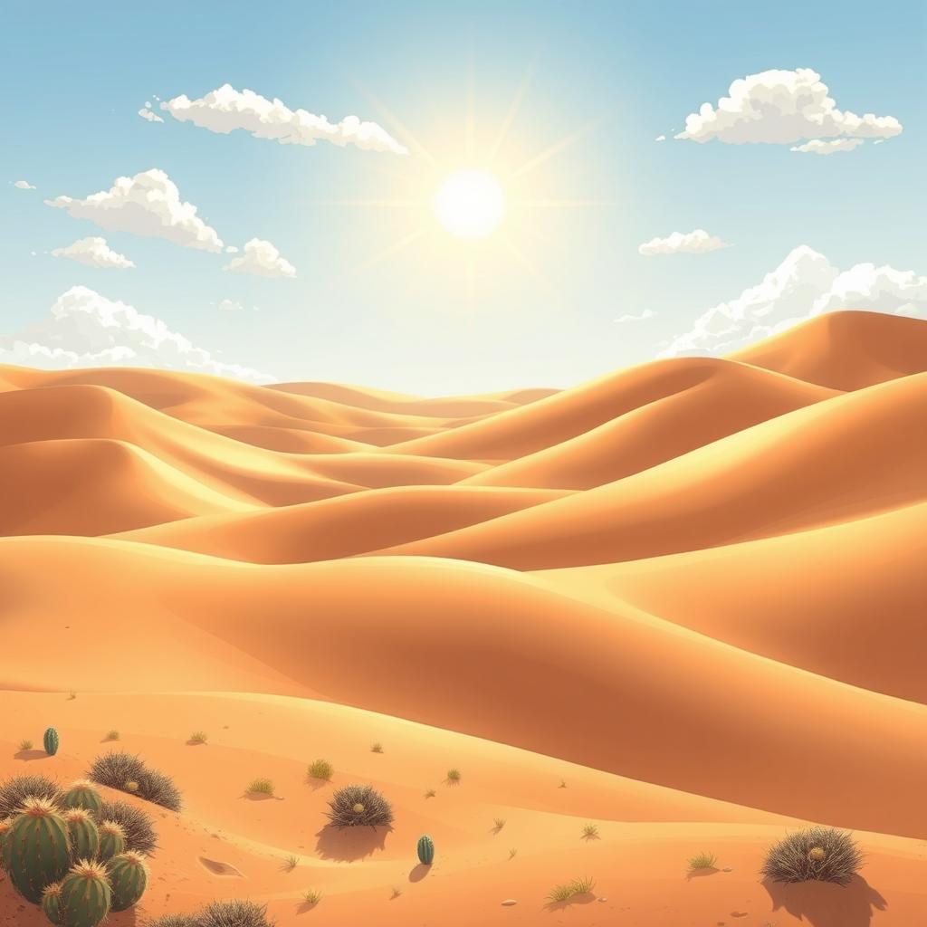 A captivating anime-style illustration of a desert landscape featuring rolling sand dunes under a bright daytime sky