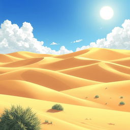 A captivating anime-style illustration of a desert landscape featuring rolling sand dunes under a bright daytime sky