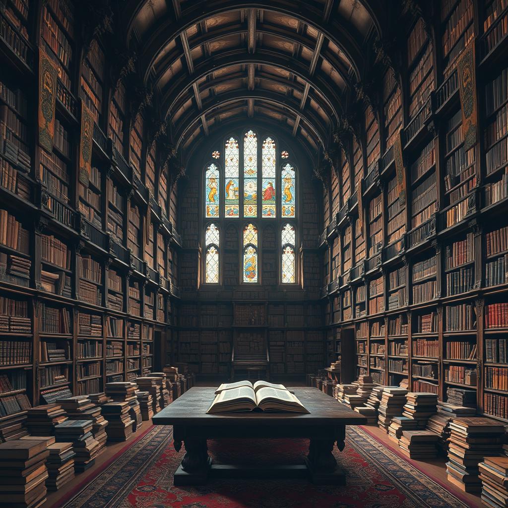 An exquisite image of an ancient library filled with countless books, creating a sense of wonder and exploration