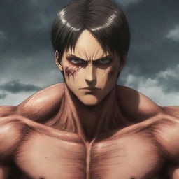 Eren Yeager, a central character from Attack on Titan, in his Titan form, displaying his muscular build, sharp features, and intense eyes.