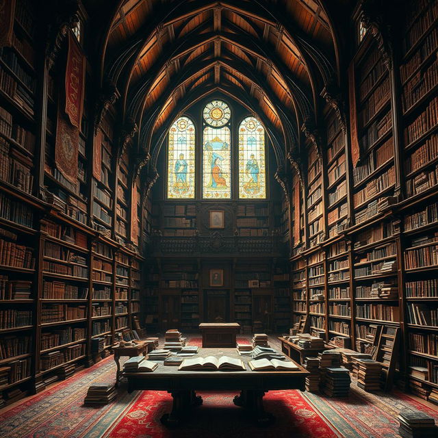 An exquisite image of an ancient library filled with countless books, creating a sense of wonder and exploration