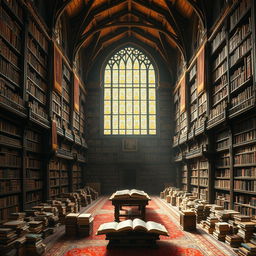 An exquisite image of an ancient library filled with countless books, creating a sense of wonder and exploration