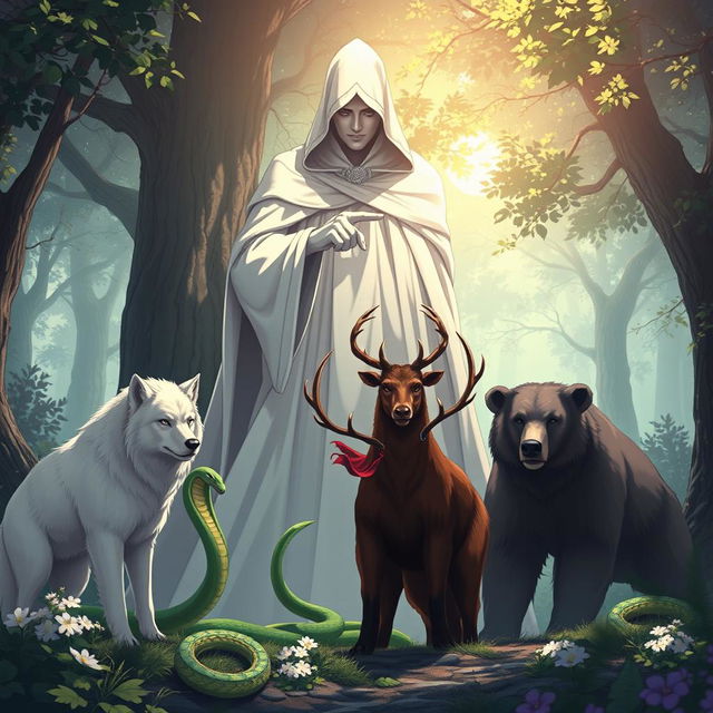 An enchanting anime-style illustration featuring a white wolf, a serpent, a male stag, and a bear, all positioned in front of a colossal, mysterious human figure cloaked in white