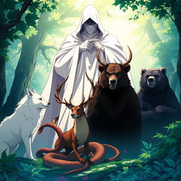 An enchanting anime-style illustration featuring a white wolf, a serpent, a male stag, and a bear, all positioned in front of a colossal, mysterious human figure cloaked in white