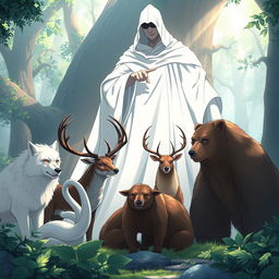 An enchanting anime-style illustration featuring a white wolf, a serpent, a male stag, and a bear, all positioned in front of a colossal, mysterious human figure cloaked in white