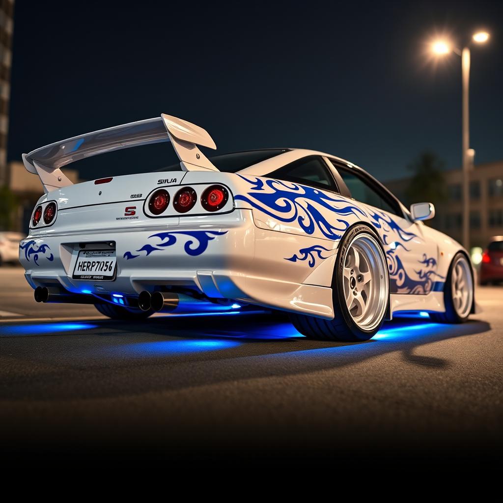 A pristine white Nissan Silvia S14 Kouki with striking blue tribal decals wrapped around the body