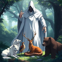 An enchanting anime-style illustration featuring a white wolf, a serpent, a male stag, and a bear, all positioned in front of a colossal, mysterious human figure cloaked in white