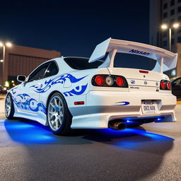 A pristine white Nissan Silvia S14 Kouki with striking blue tribal decals wrapped around the body