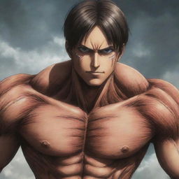 Eren Yeager, a central character from Attack on Titan, in his Titan form, displaying his muscular build, sharp features, and intense eyes.