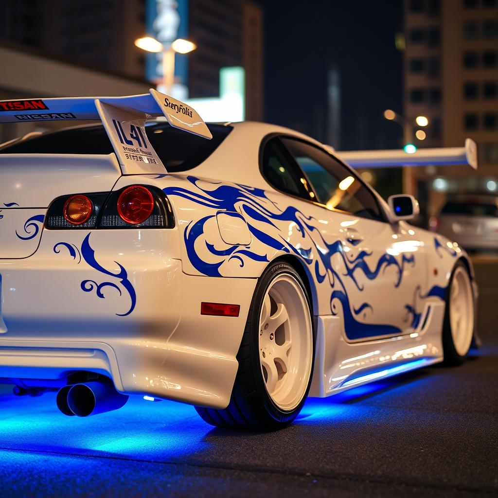 A stunning white Nissan Silvia S14 Kouki adorned with striking blue tribal decals elegantly wrapping around its body