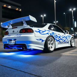 A stunning white Nissan Silvia S14 Kouki adorned with striking blue tribal decals elegantly wrapping around its body