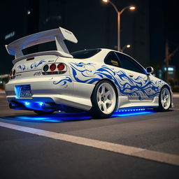 A stunning white Nissan Silvia S14 Kouki adorned with striking blue tribal decals elegantly wrapping around its body