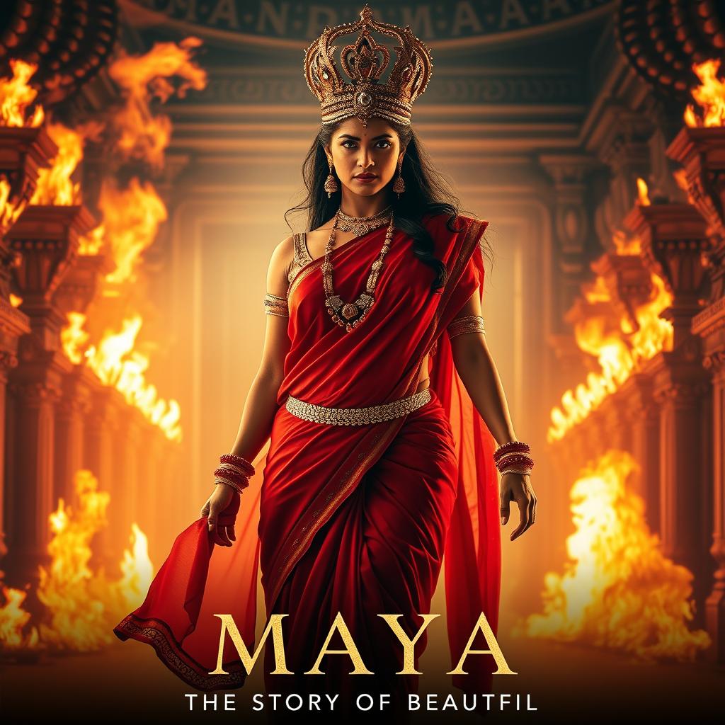 A stunning Indian queen with fierce anger, confidently walking through the grand hall of a palace engulfed in flames