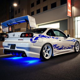 A stunning white Nissan Silvia S14 Kouki adorned with striking blue tribal decals elegantly wrapping around its body