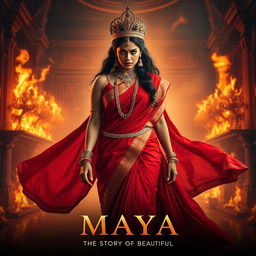 A stunning Indian queen with fierce anger, confidently walking through the grand hall of a palace engulfed in flames