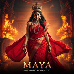 A stunning Indian queen with fierce anger, confidently walking through the grand hall of a palace engulfed in flames