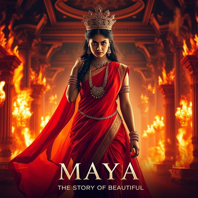 A stunning Indian queen with fierce anger, confidently walking through the grand hall of a palace engulfed in flames