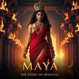 A stunning Indian queen with fierce anger, confidently walking through the grand hall of a palace engulfed in flames