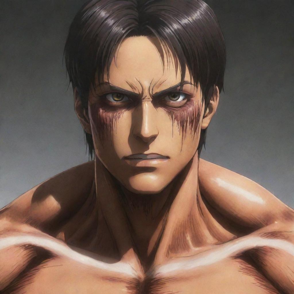 Eren Yeager, a central character from Attack on Titan, in his Titan form, displaying his muscular build, sharp features, and intense eyes.