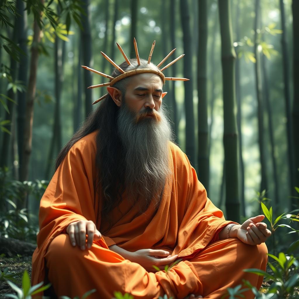 An astral elf monk with a long, flowing beard, his face partially in shadow, seated in a serene meditation pose