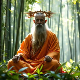 An astral elf monk with a long, flowing beard, his face partially in shadow, seated in a serene meditation pose