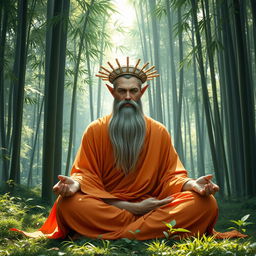 An astral elf monk with a long, flowing beard, his face partially in shadow, seated in a serene meditation pose