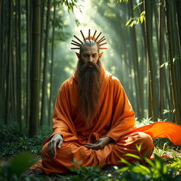 An astral elf monk with a long, flowing beard, his face partially in shadow, seated in a serene meditation pose