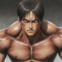 Eren Yeager, a central character from Attack on Titan, in his Titan form, displaying his muscular build, sharp features, and intense eyes.