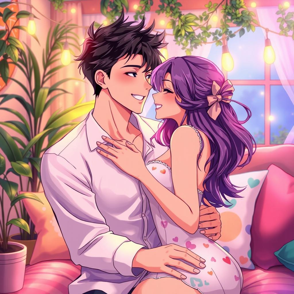 An intimate and romantic scene illustrated in a vibrant anime style, focusing on two adult characters displaying affection towards each other in a soft, dreamy atmosphere